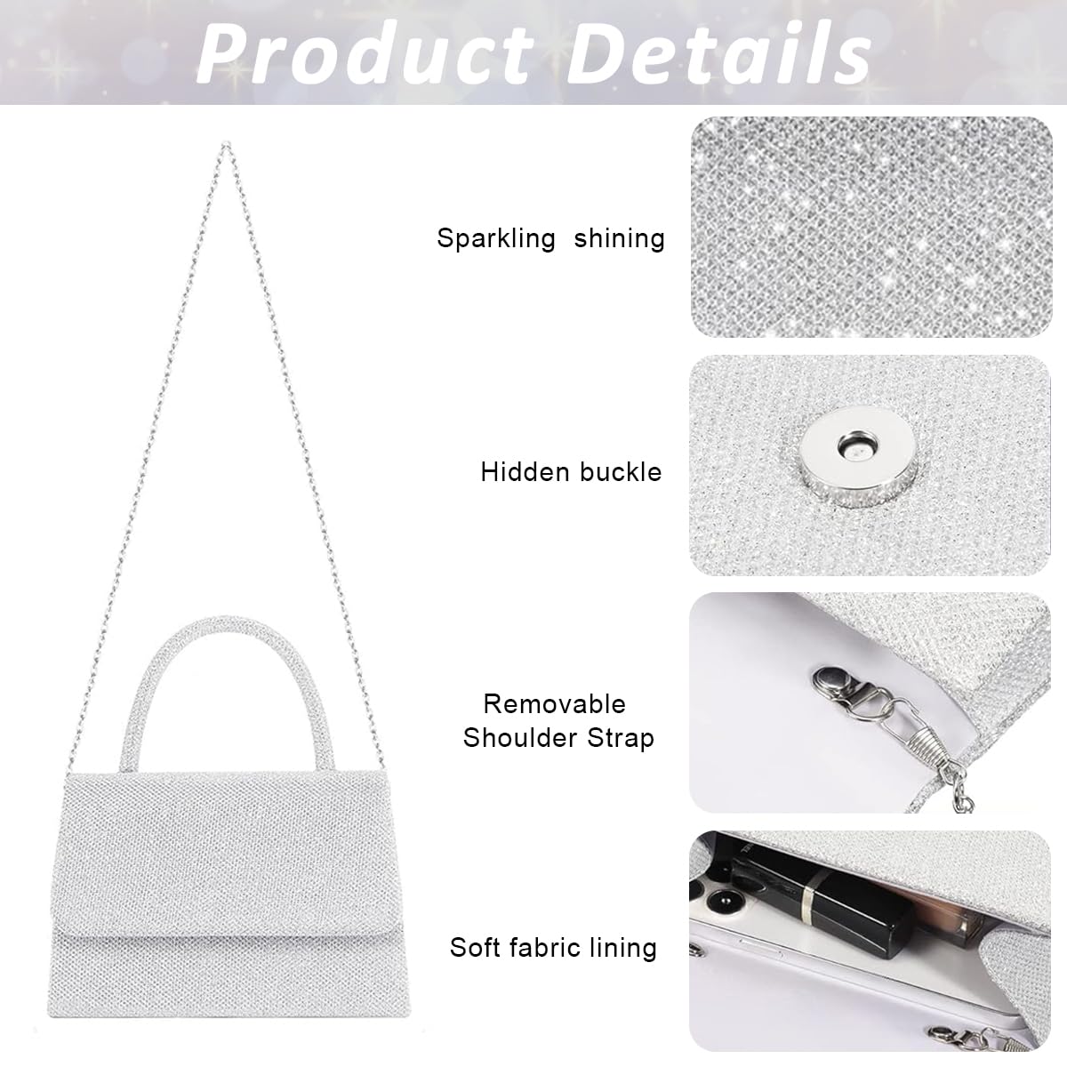 PALAY® Clutch Bag for Women Fashion Evening Bag Sparkling Silver Tote Bag Handbag for Women with Detachable Chain Top Handle Evening Clutch Bag, Elegant Crossbody Bag Chain Bag Handbag