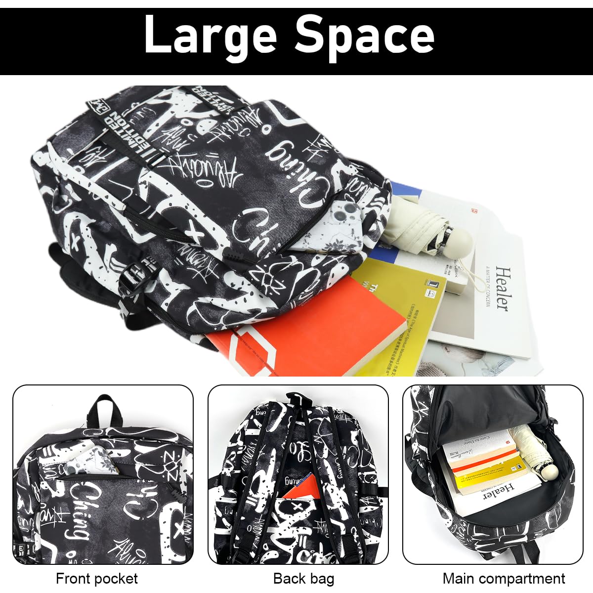 PALAY® Travel Backpack Casual Backpack Nylon Backpack School Students Backpack Lightweight Fashion Graffiti Print Black Backpack Outdoor Travel Backpack Laptop Backpack