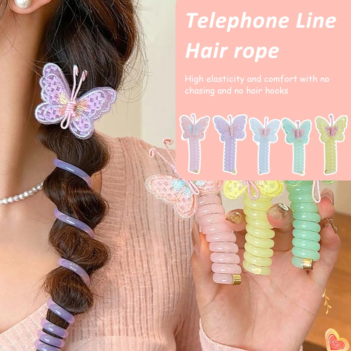 PALAY Telephone Wire Hair Band for Kids with Elastic Spiral Design featuring Butterfly Charms 2 PCS