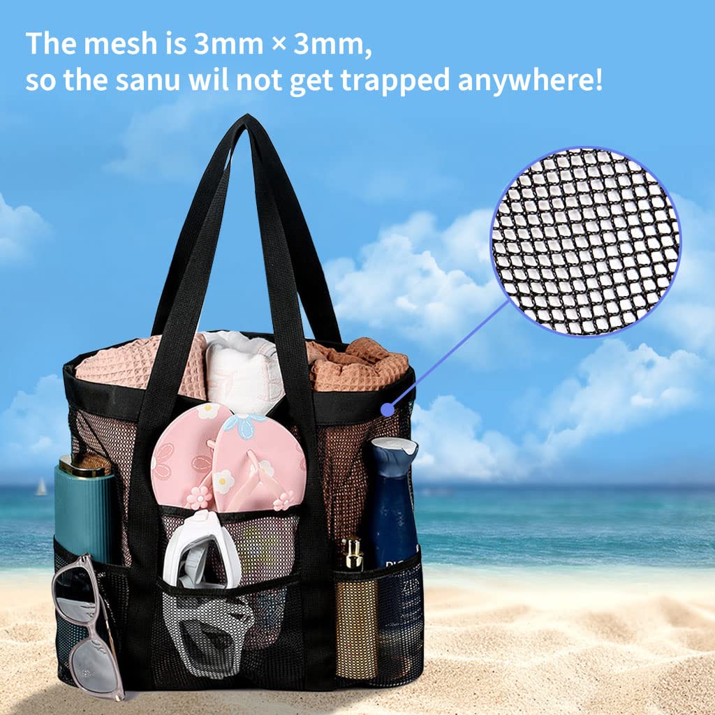 PALAY® Large Capacity Beach Bag Multi Pocket Polyester Mesh Bag Tote for Travel, Fitness Bag, Swimming Storage Bag for Clothes Fashion Transparent Mesh Bag for Women, Black