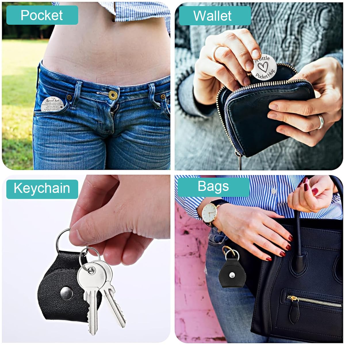 PALAY® Pocket Hug Token Keychains, Long Distance Relationship Gifts Stainless Steel Double Sided Inspirational Gift with PU Leather Keychain