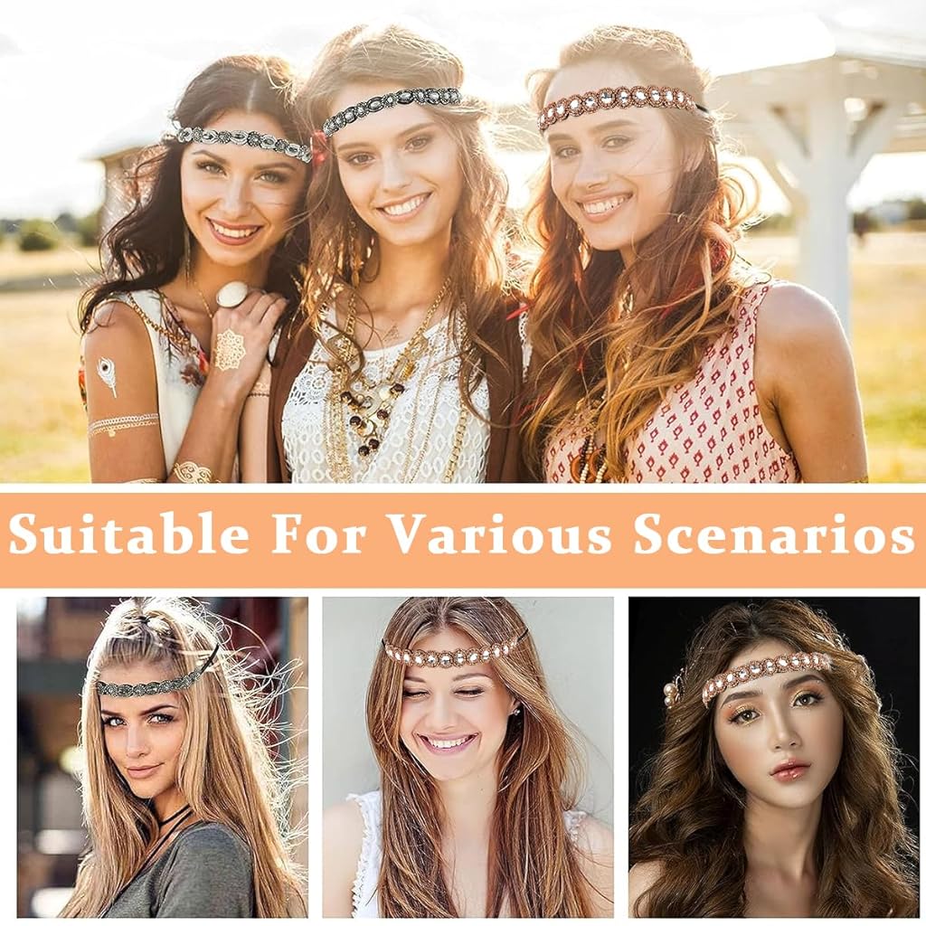 PALAY® 4PCS Beaded Headband for Women Crystal Rhinestone Elastic Hair Bands Fashion Handmade for Girls Ladies Gift