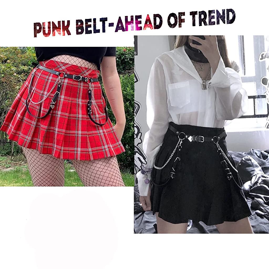 PALAY Goth Punk Chain Belt for Skirts and Jeans with Metal Rings and Heart Pendant | Black Faux Leather 97 cm Adjustable Style