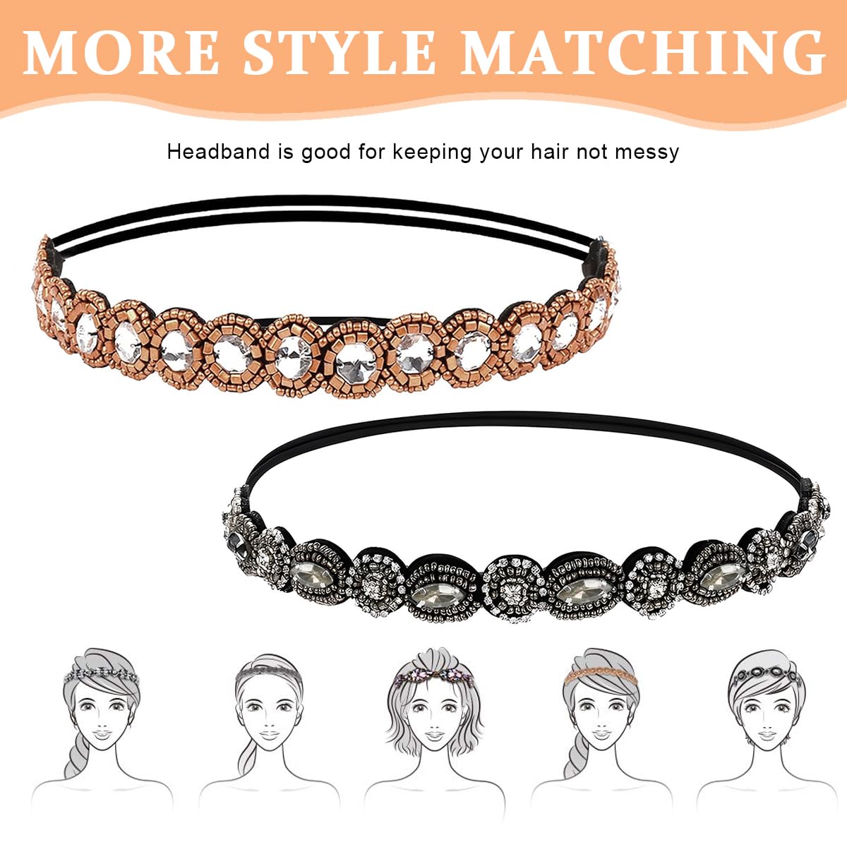 PALAY® 2pcs Beaded Headband for Women, Crystal Rhinestone Elastic Hair Bands Fashion Handmade Headband for Girls Ladies Gift