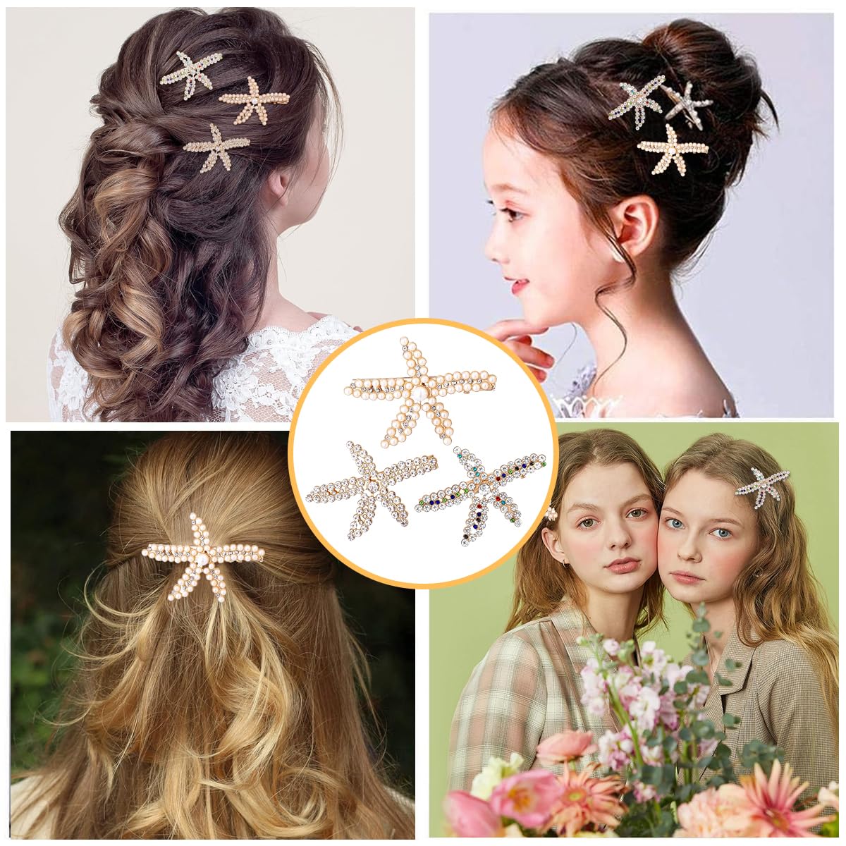 PALAY Starfish Hair Clips for Women with Rhinestones and Pearls 3pcs Set | Wedding Accessory