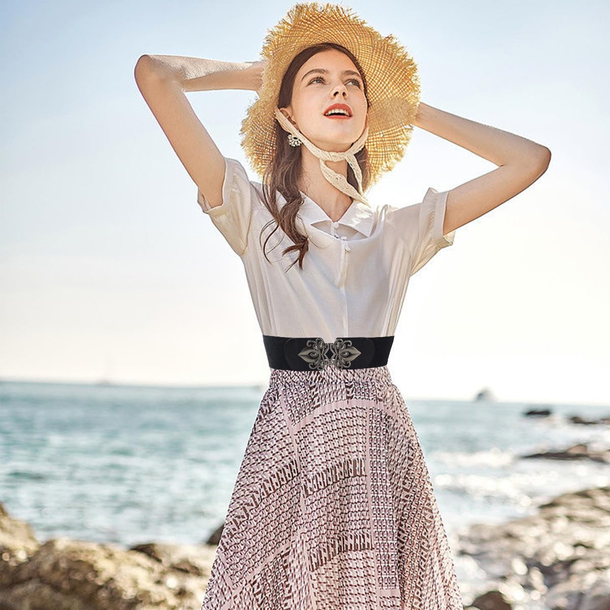 PALAY Belt for Women featuring 2.3 in Wide Elastic Waist Design with Retro Interlocking Buckle | Black and Brown Set