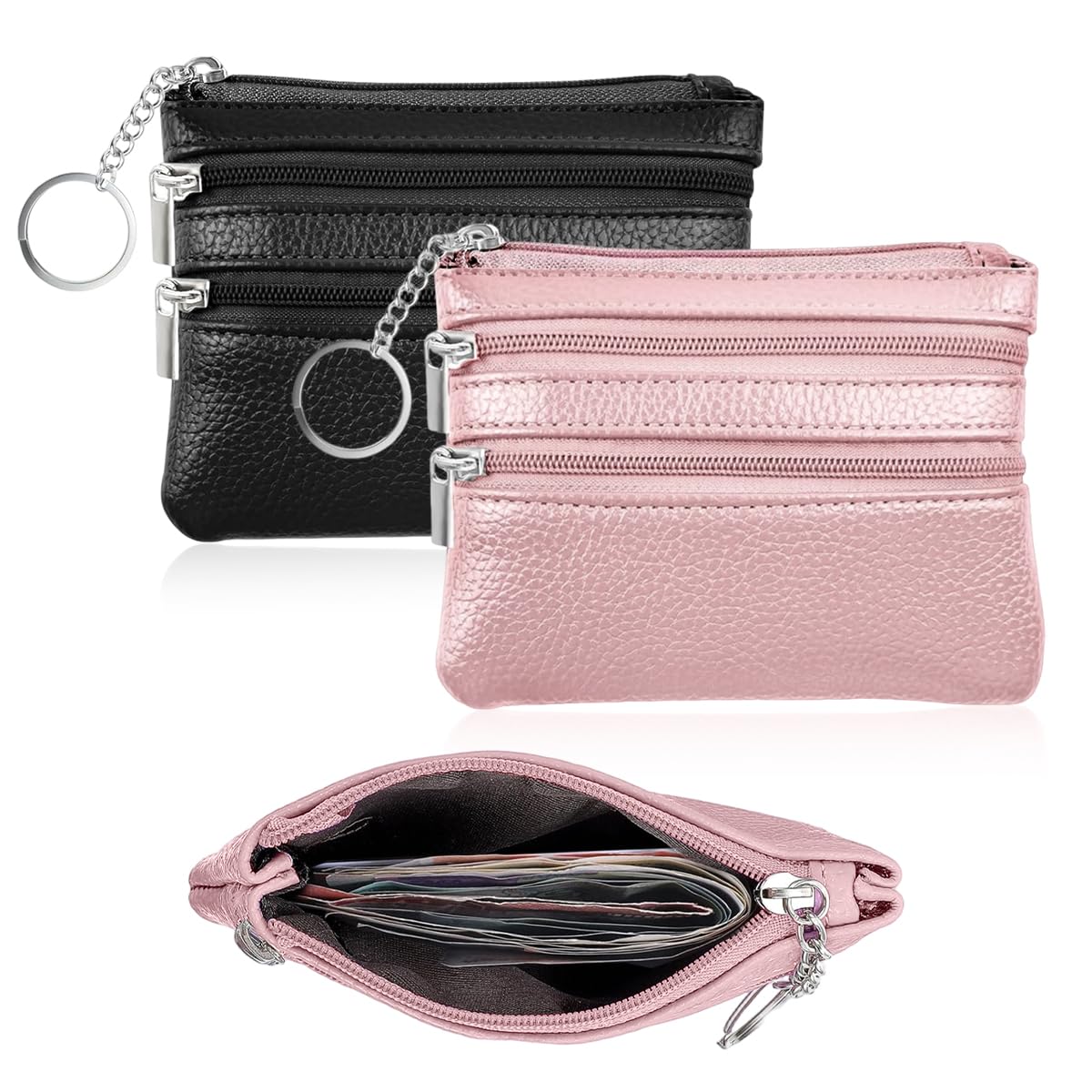 PALAY® 2Pcs Coin Pouch Pink Black Small Wallet PU Leather Zipper Triple Mini Purse with Keyring Compact Multi-Compartment Cash Pouch Gift for Women Men