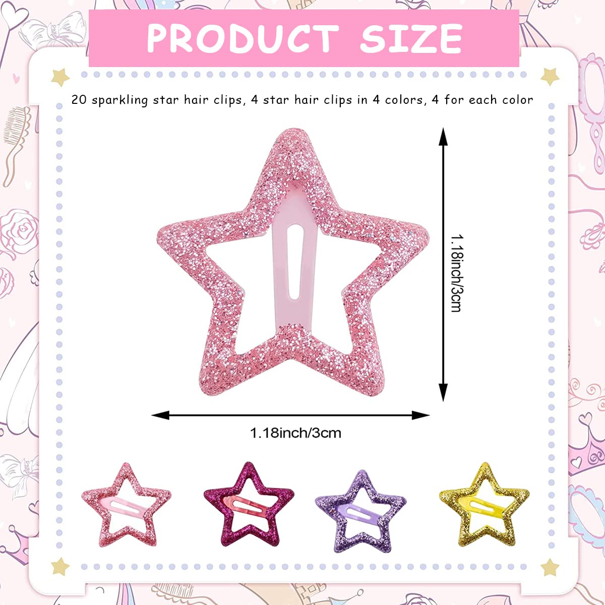 PALAY Hair Clips for Girls with Non Slip Metal Design and Glitter Star Shape | 20 Pcs 3.2 cm Set