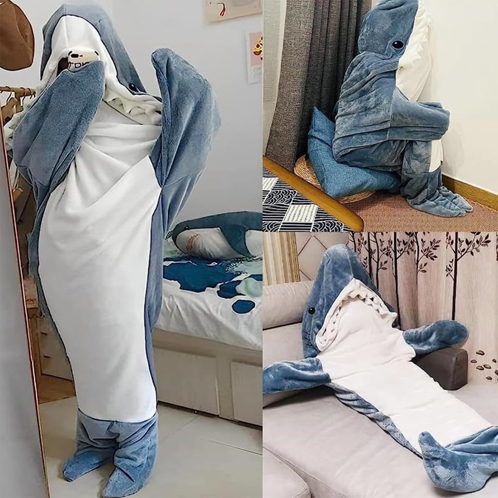 PALAY® Shark Blanket Pajamas for Women Men Adult Warm Fleece Blanket Soft Plush Shark Wearable Blanket Hoodie Onesie Shark Sleeping Bag Pajamas Party Halloween Costumes - L