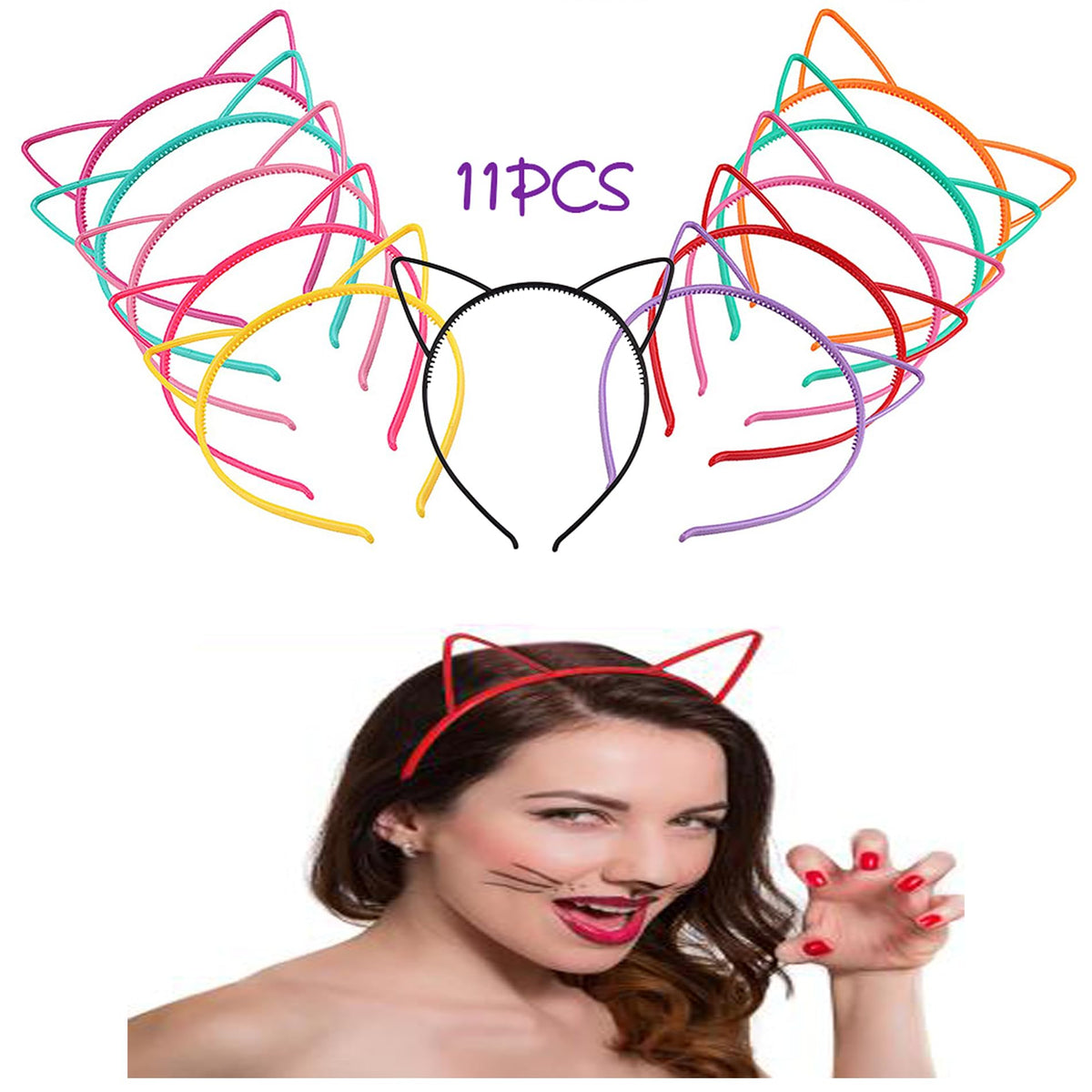 PALAY® 11pcs Cat Ears Headbands Plastic Kitty Hairband Hair Hoops Party Costume Daily Decorations Bunny Bow Headwear Cats