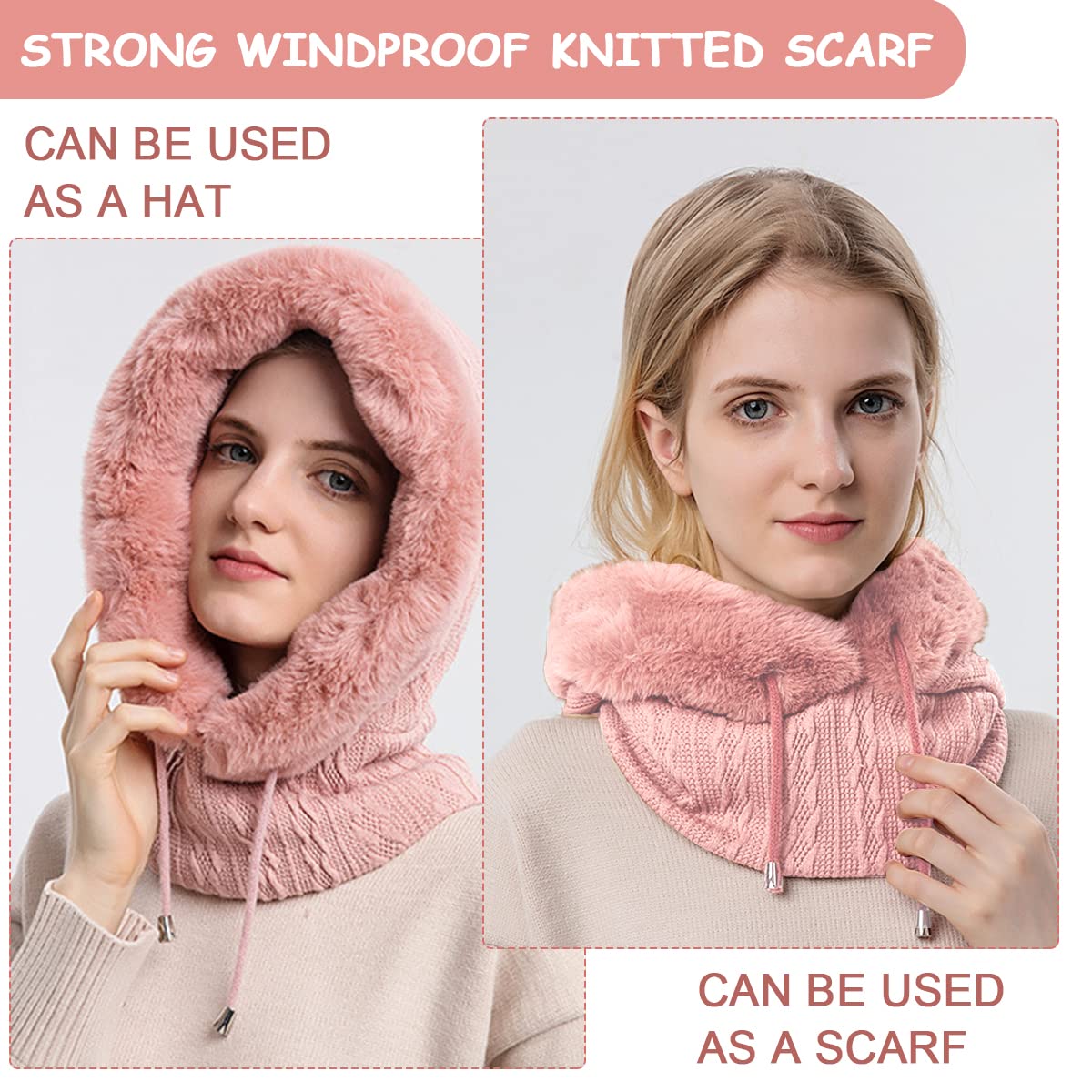 PALAY Winter Cap for Women featuring 35cm Hood Height with Fleece Lined Neck Scarf & Mask | Pink