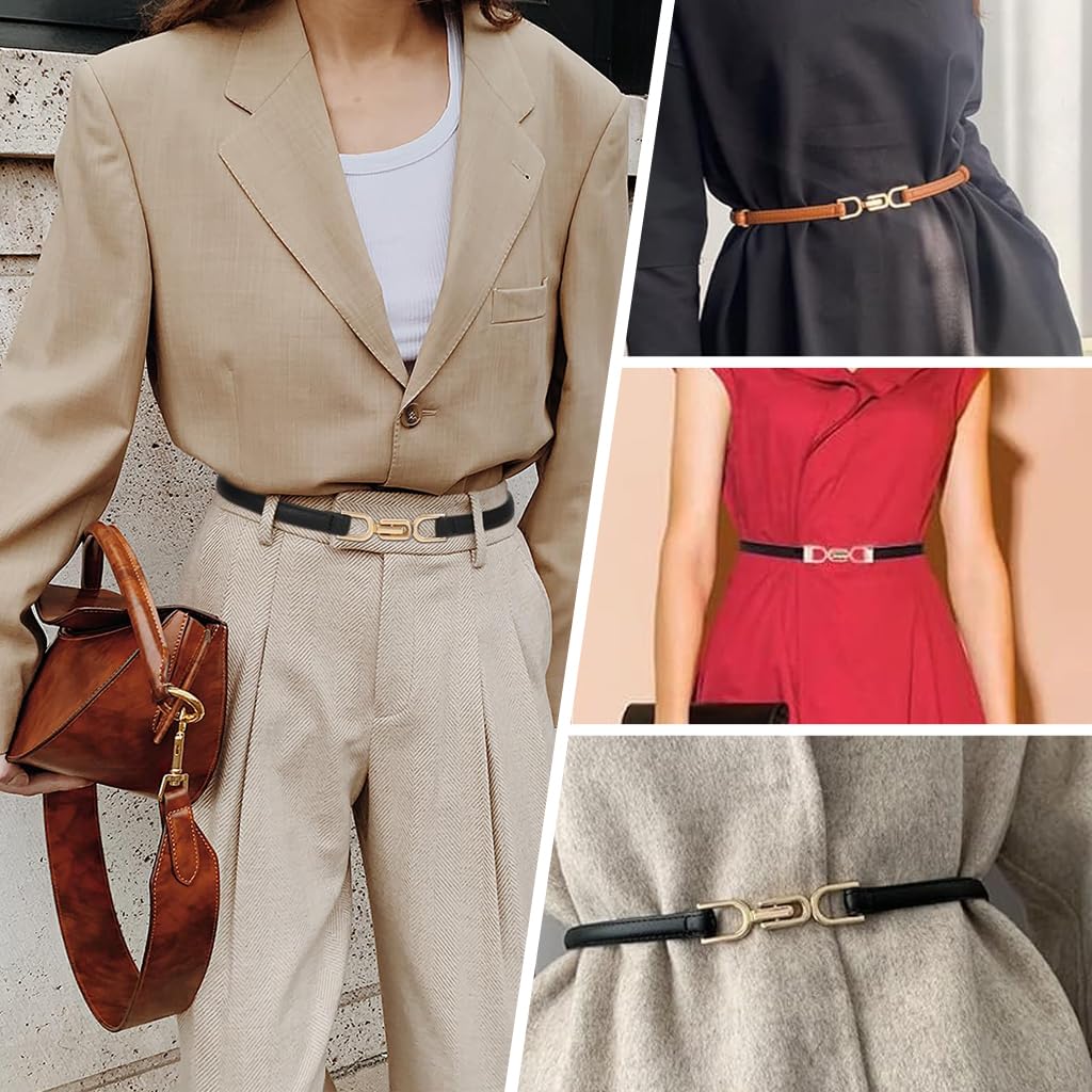 PALAY® 2Pcs Women’s Slim Waist Belts Combo, PU Leather Belts with Metal Buckle for Dress, Shirt, Blazer, Suit, Gown, Stylish Fashion Waistband Set (Black & Brown, Fit 70-95cm)