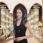 PALAY® Lace Mantilla Mass Veil Triangle Head Scarf for Women Tassle Rose Jacquard Church Veil Cathedral Headwear Head Covering for Ladies - Navy Blue