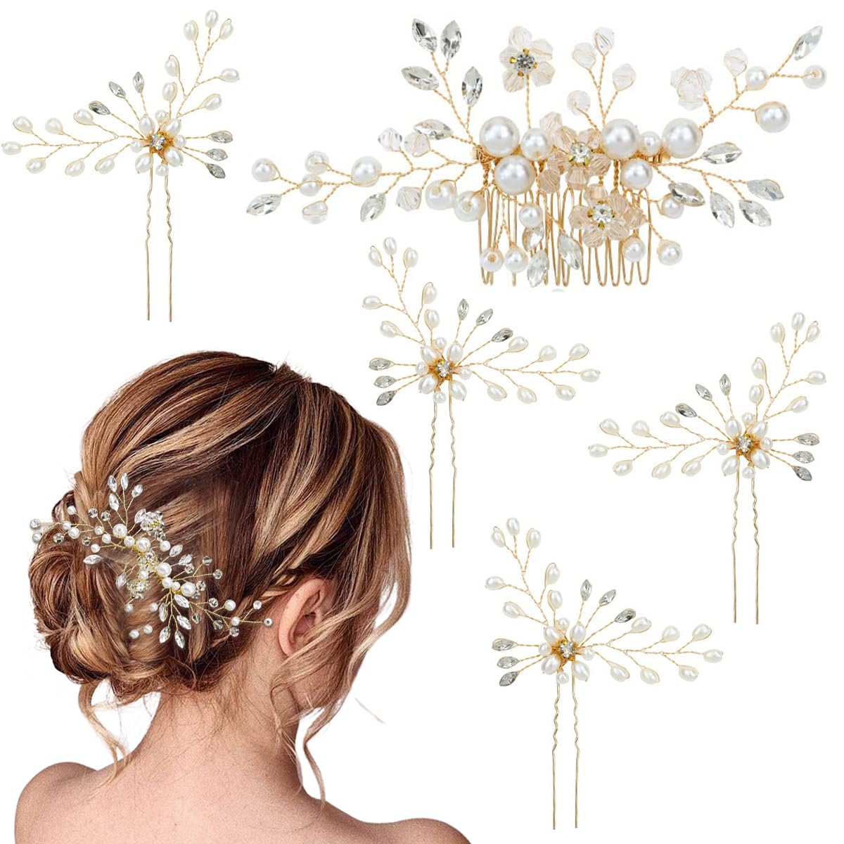 PALAY® Flower Hair Accessories for Women Pearl Crystal Rhinestone Hair Pins for Women Stylish Hair Comb Clip Bridal Hair Bun Accessories for Wedding, Daily, Party - 5 Pcs