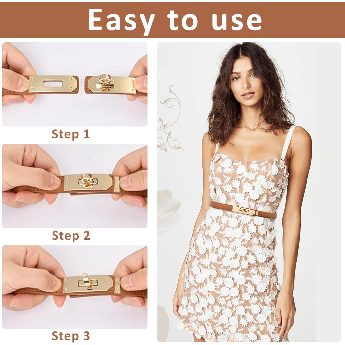 PALAY Waist Belt for Women featuring Alloy Turn Lock Buckle and Adjustable 65–105 cm Fit | Brown PU Leather 3 PCS Set