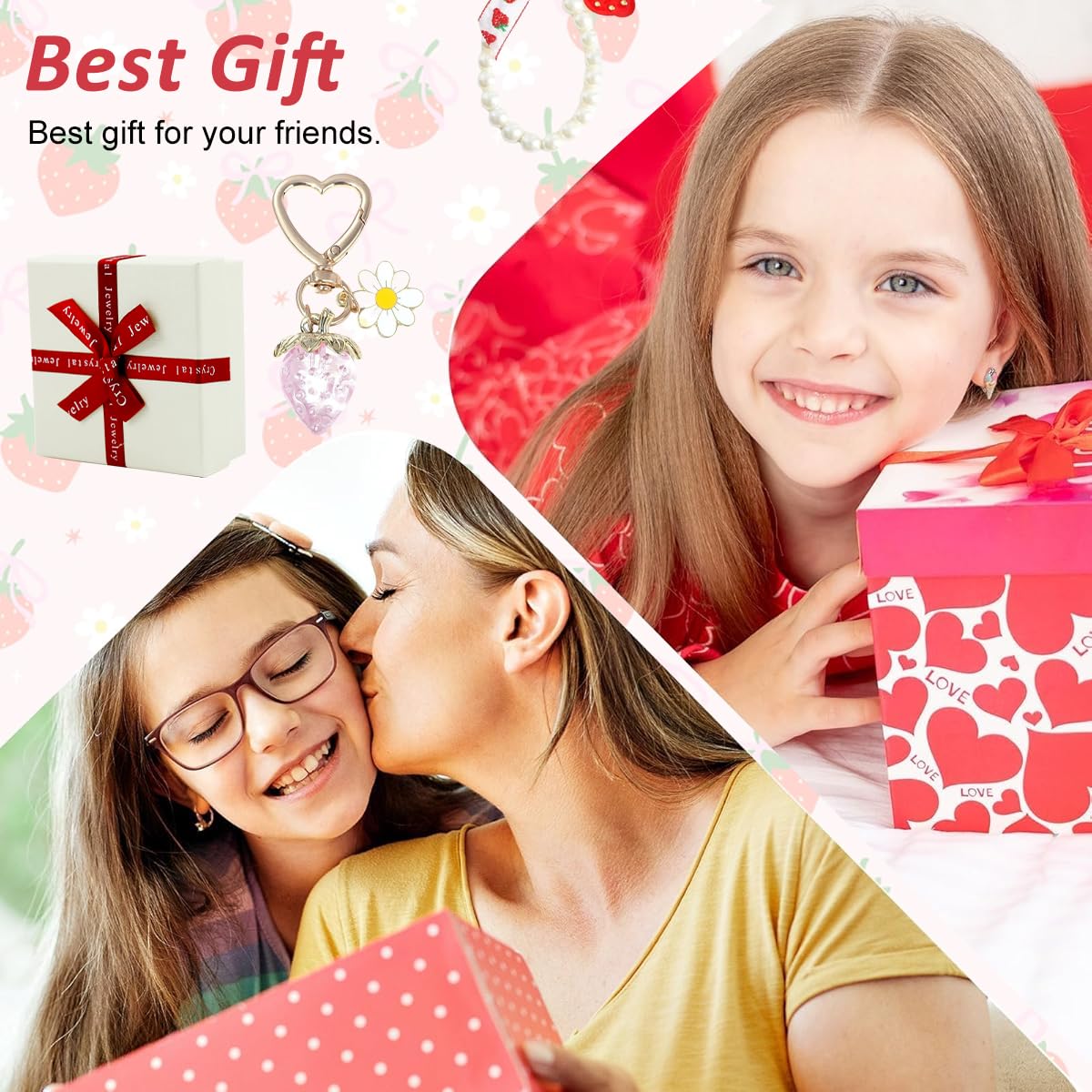 PALAY Strawberry Keychain for Girls featuring Heart Shape Carabiner and Acrylic Beads | 2Pcs Bag Charm Gift