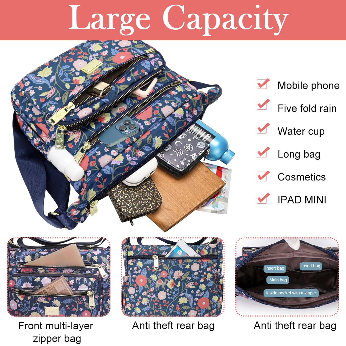 PALAY Women Crossbody Bag for Travel with Multi Layer Zipper Pockets and Nylon Design | Floral Print Casual Satchel
