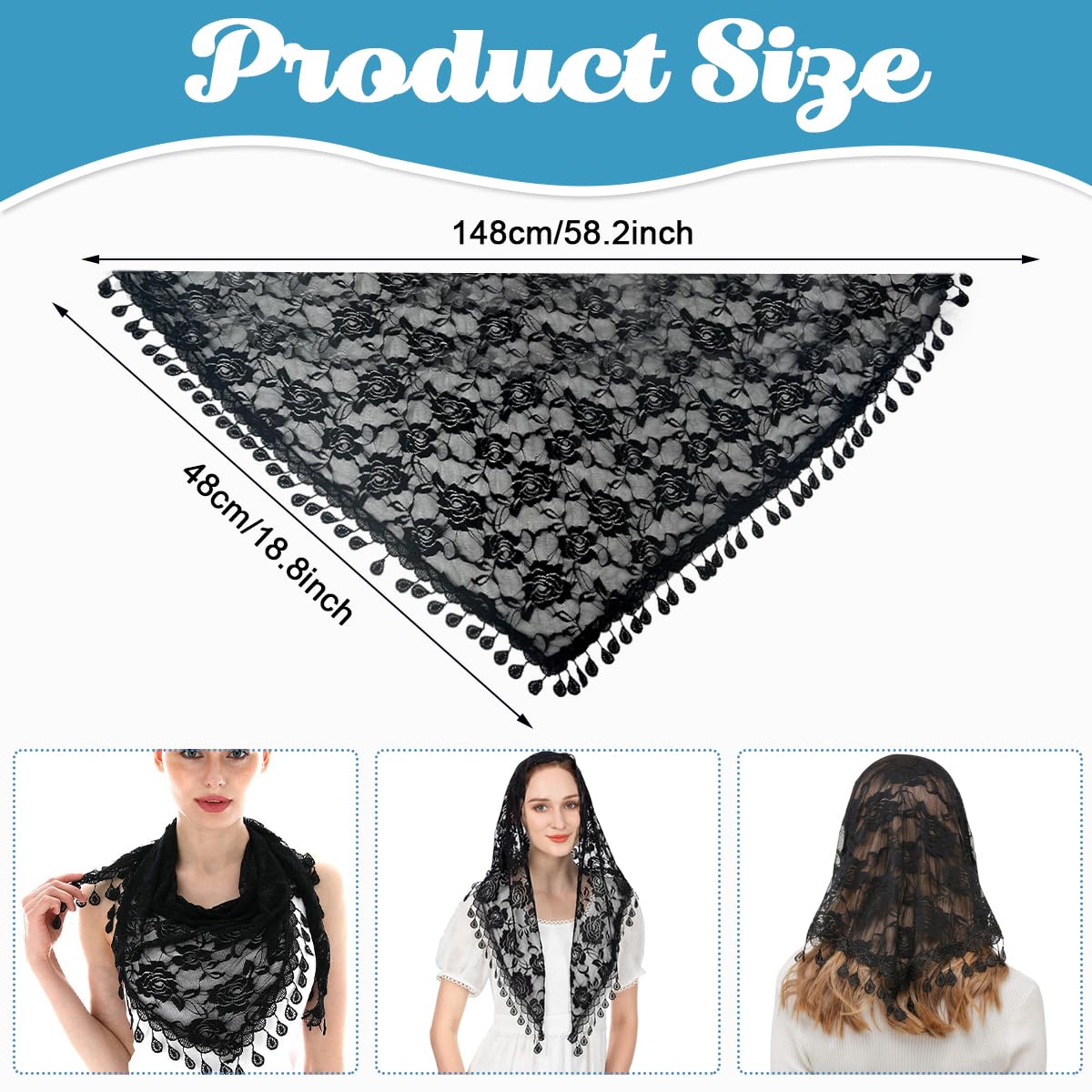 PALAY Triangle Lace Mantilla Veil for Church and Wedding featuring Rose Embroidery | Black