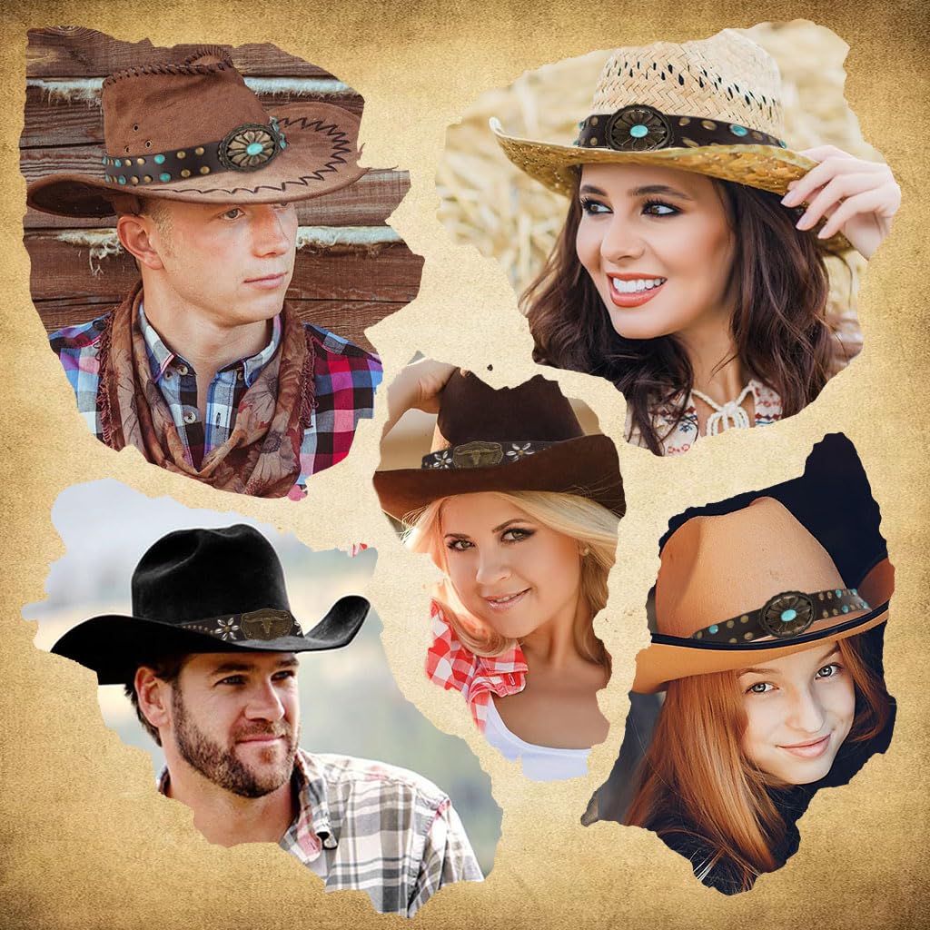 PALAY® 2Pcs Cowboy Hat Bands Vintage Brown Leather Wrap with Rivet Charms Tie Back PU Leather Wrap with Charms Hat Band for Men Women