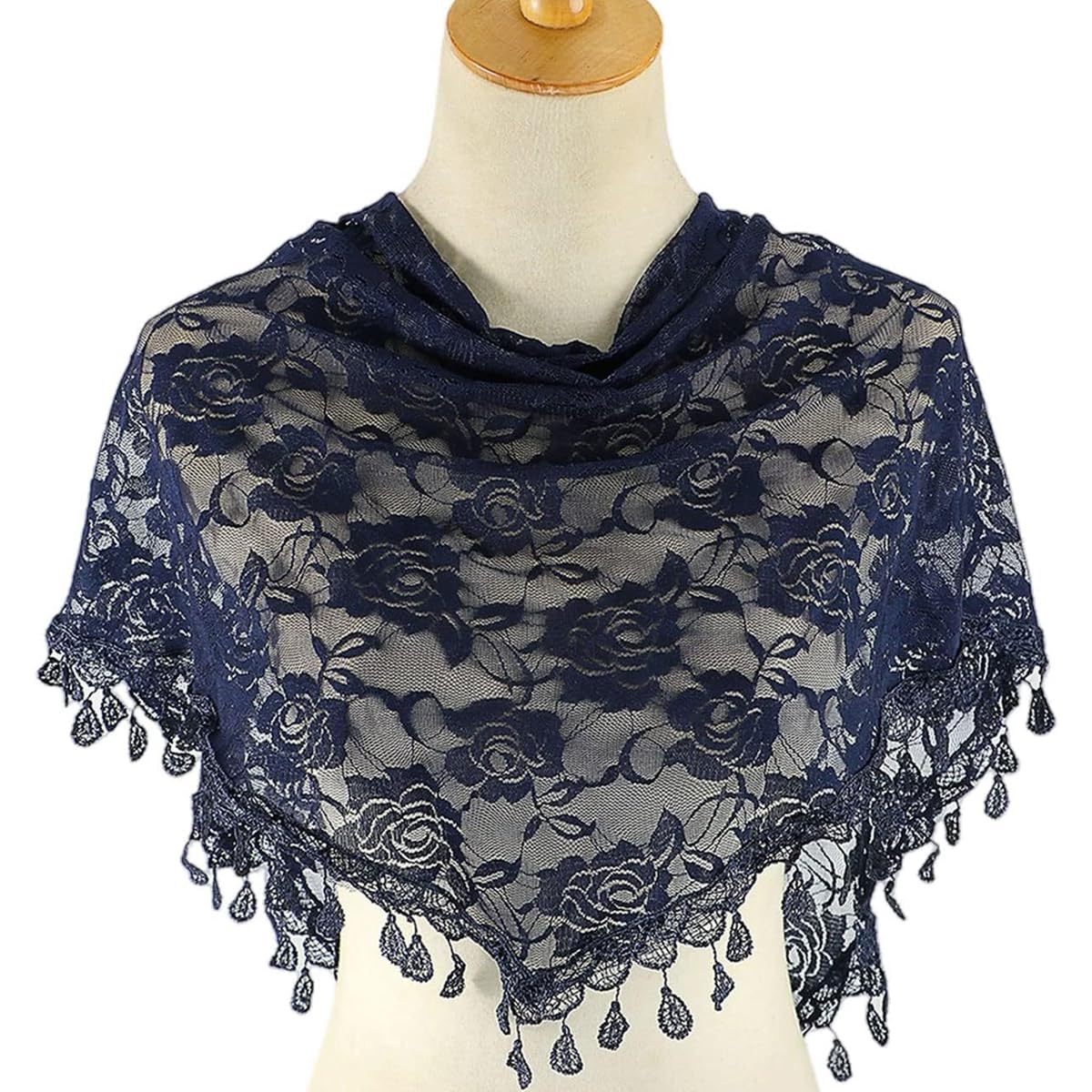 PALAY® Lace Mantilla Mass Veil Triangle Head Scarf for Women Tassle Rose Jacquard Church Veil Cathedral Headwear Head Covering for Ladies - Navy Blue