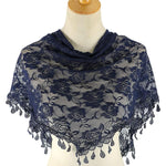 PALAY® Lace Mantilla Mass Veil Triangle Head Scarf for Women Tassle Rose Jacquard Church Veil Cathedral Headwear Head Covering for Ladies - Navy Blue