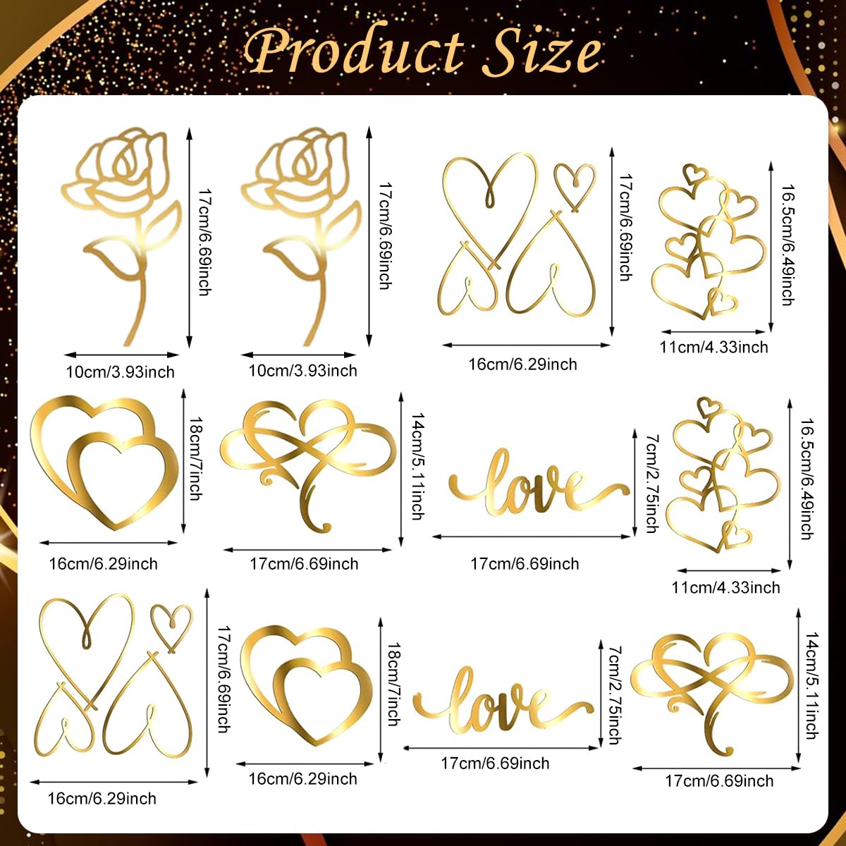 PALAY® 12Pcs Cake Decorations Luxury Golden Acrylic Rose Heart Shaped Cake Topper Decorations for Birthday Cake Anniversary Wedding Cake