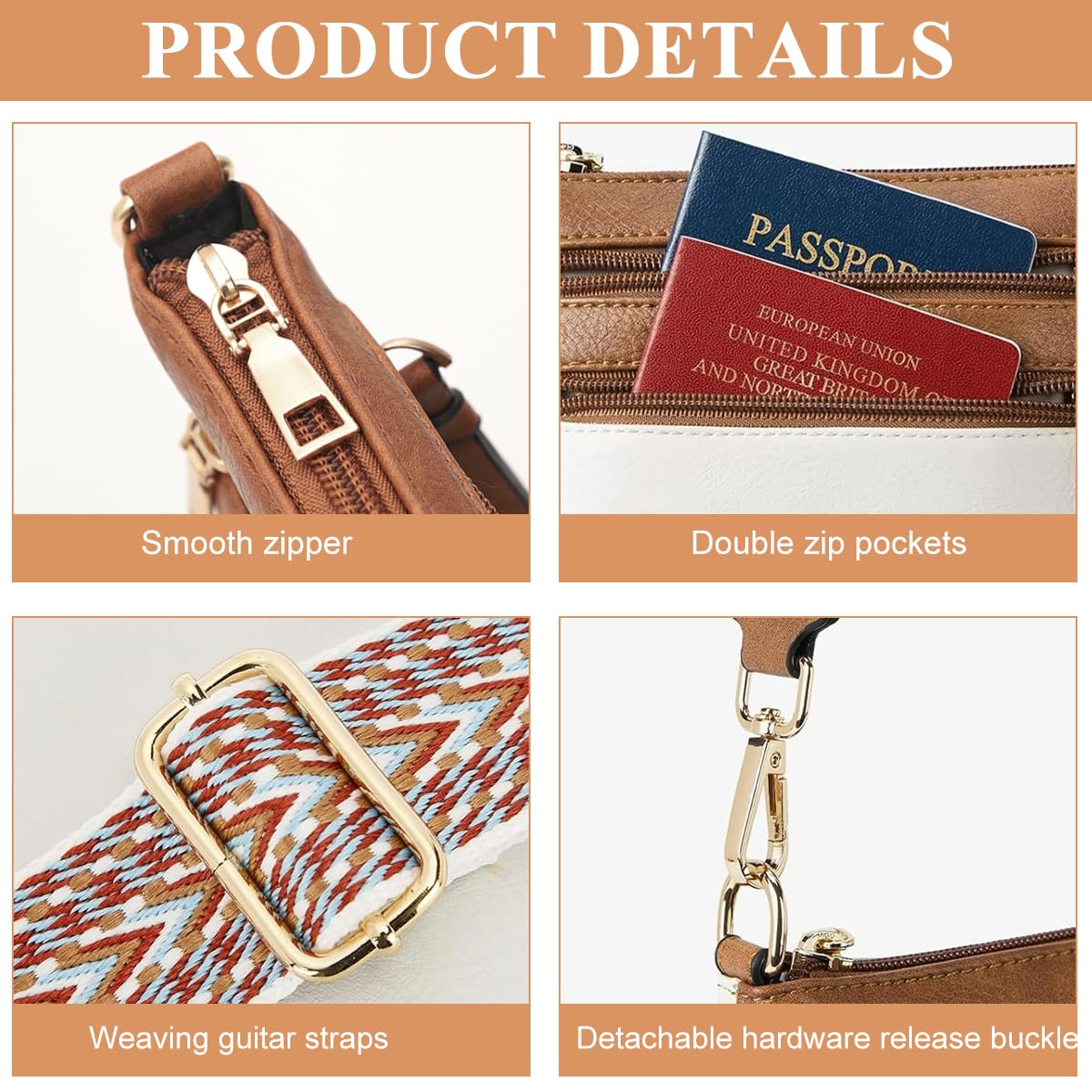 PALAY Crossbody Bags for Women with Triple Layer Design and Jacquard Strap | White PU Leather