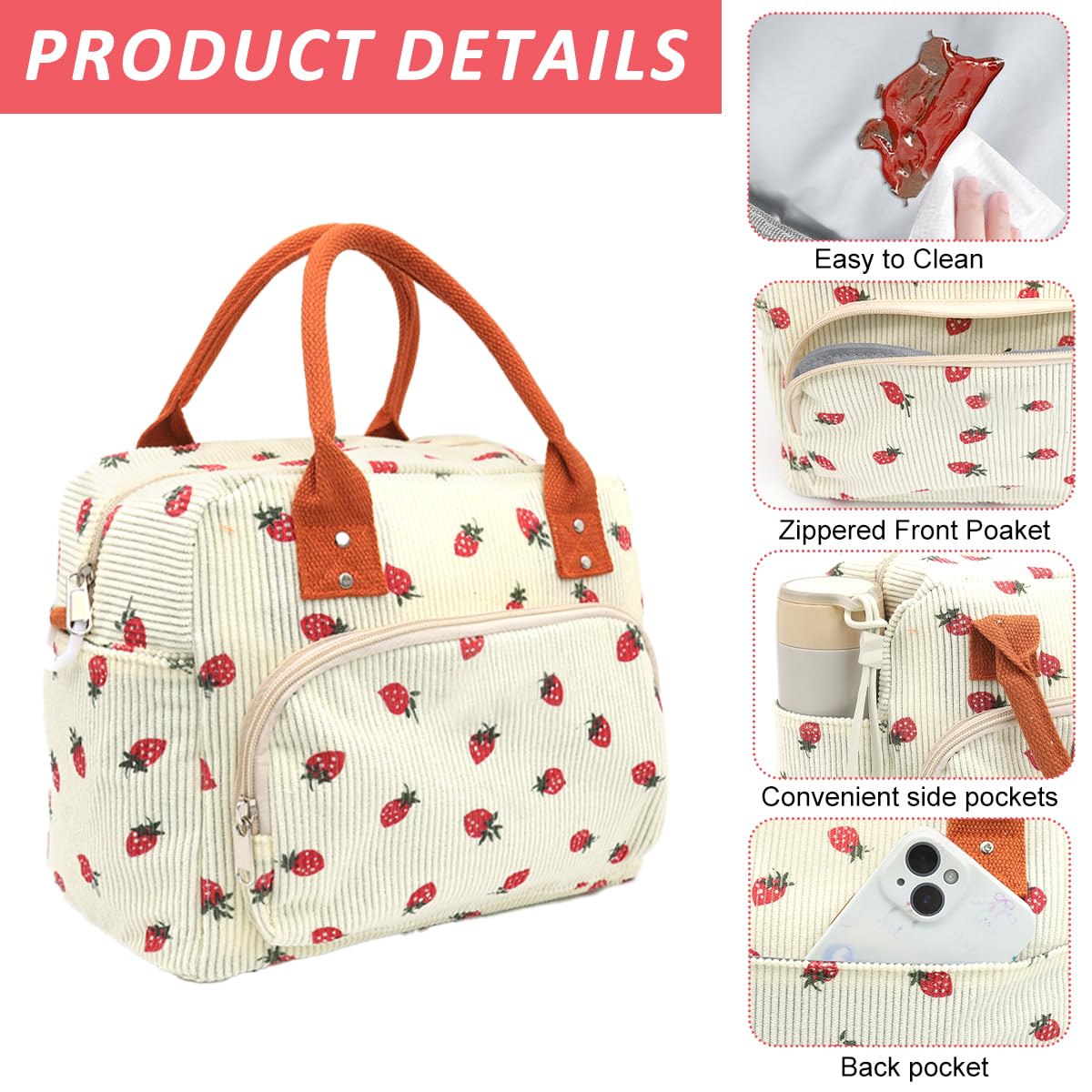 PALAY Lunch Bag for Office and School with 11.4x6.7x9 in Capacity Featuring Insulated Corduroy Design for Women Girls