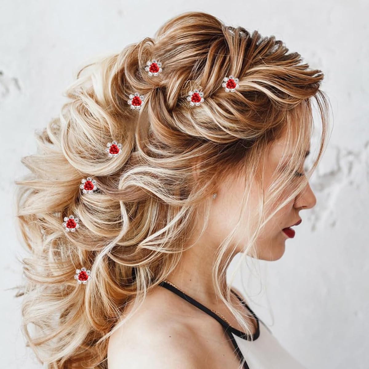 PALAY Flower Hair Accessories for Women with 20 Red Rose Crystal Pins | Elegant Bridal Hair Clips