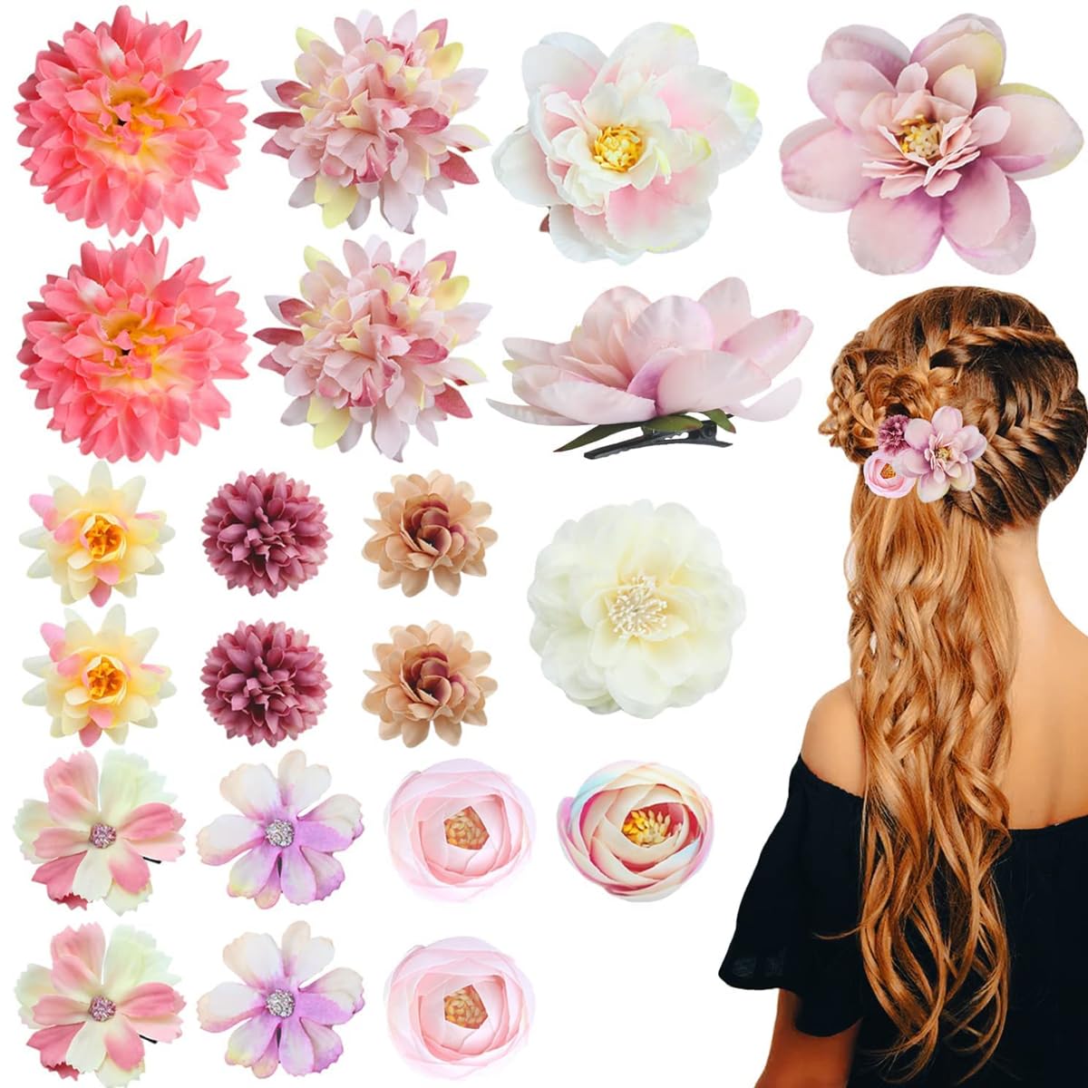 PALAY Floral Hair Clip Set for Wedding and Party with 21pcs Chiffon Flowers | Women Girls