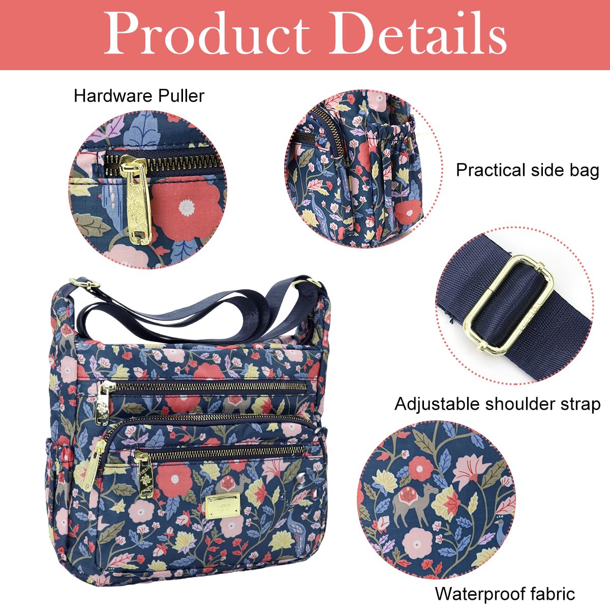 PALAY Women Crossbody Bag for Travel with Multi Layer Zipper Pockets and Nylon Design | Floral Print Casual Satchel