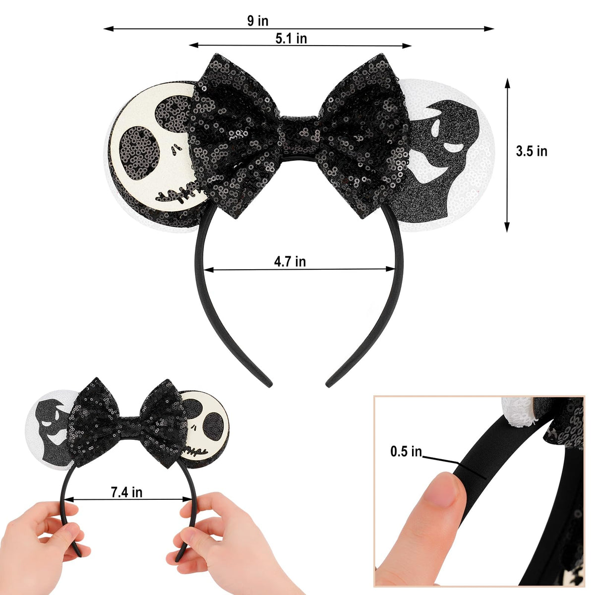 PALAY® Mic-Ky Mouse Hairband for Girls, Spooky Skull Ghost Halloween for Girls Halloween Sequin Bow Headband Costume Accessories Cute Ears Hair Accessories for Girls Women Party Festivals Hairband