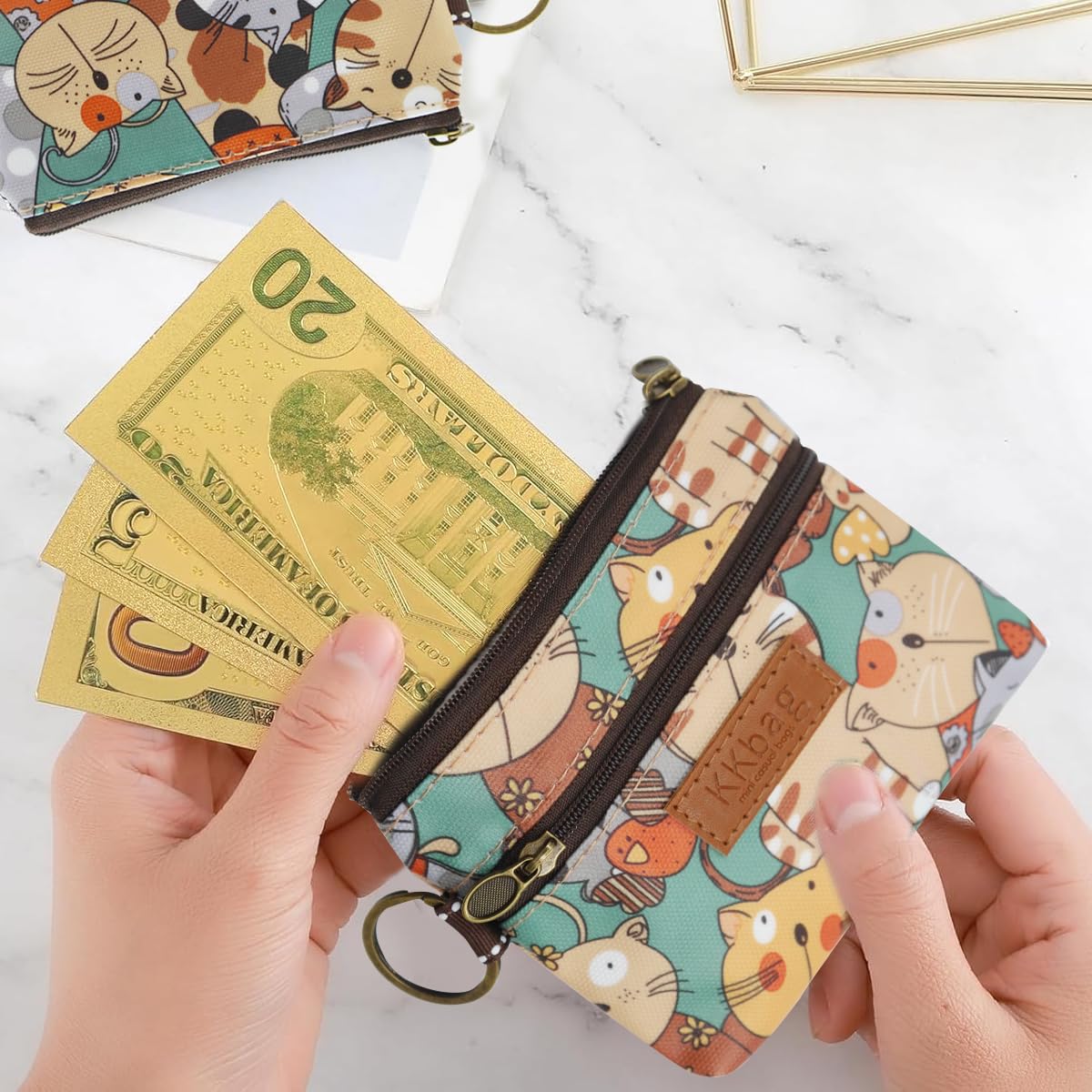 PALAY Coin Bag 12x10cm for Coins and Cards with Double Layer Zippers and Carabiner Clip