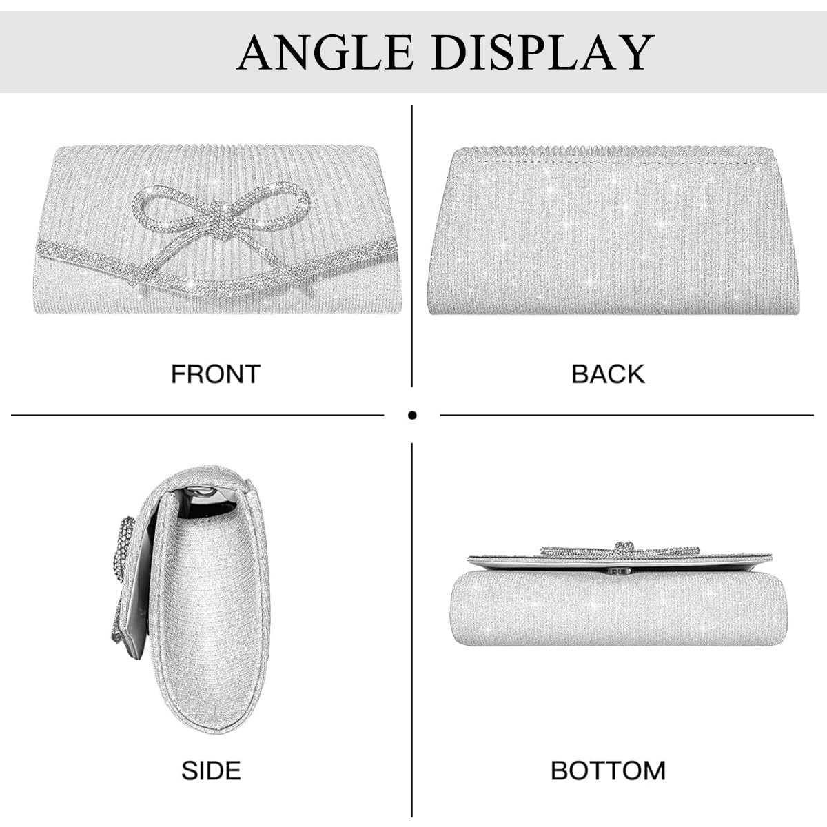 PALAY Bow Evening Bag for Parties with Rhinestone Charm and Snap Closure 8.8x2x3.9 in | Silver Clutch for Women