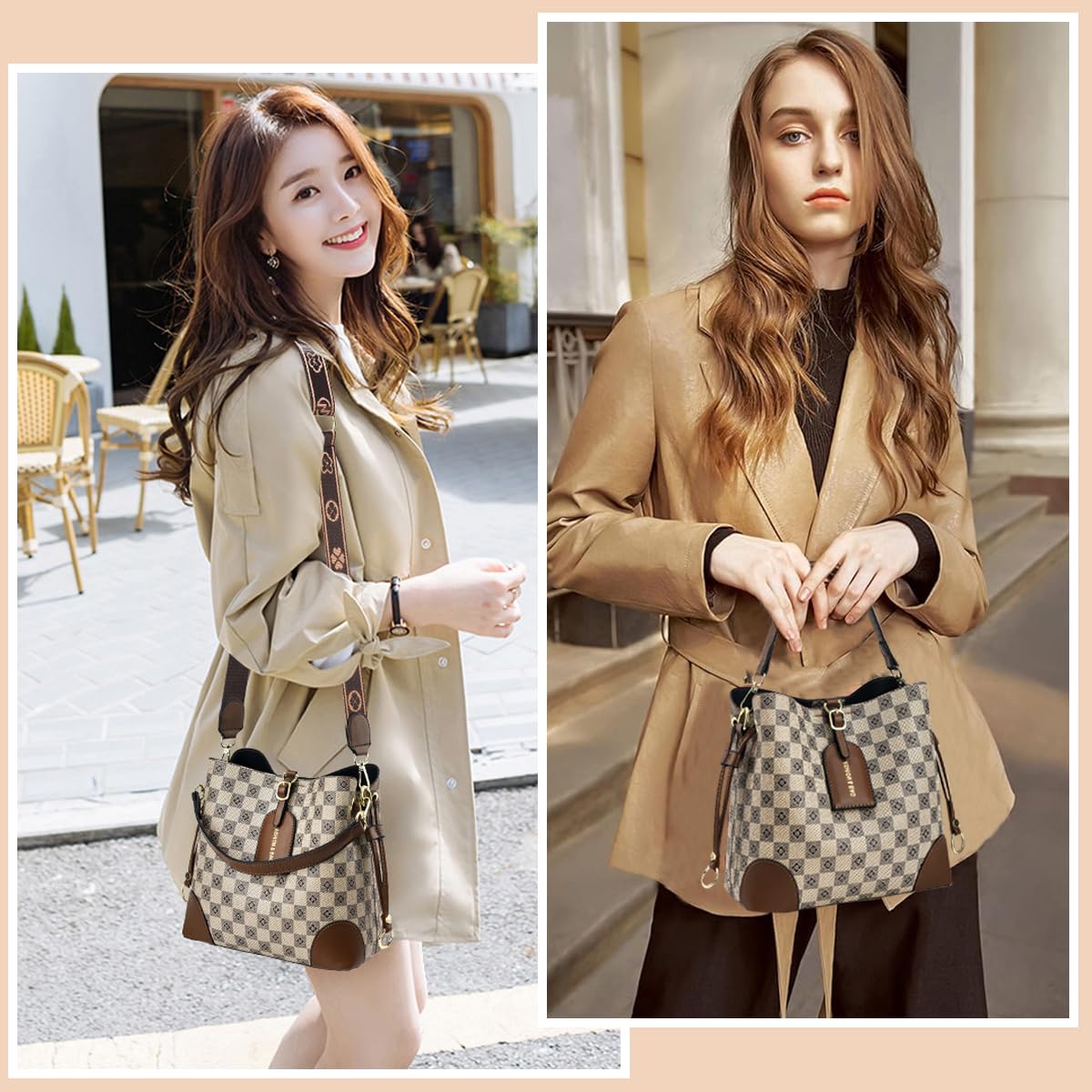 PALAY PU Bucket Bag for Women with Detachable Shoulder Strap and 23x12x22 cm Capacity | Check Pattern Crossbody for Daily Use