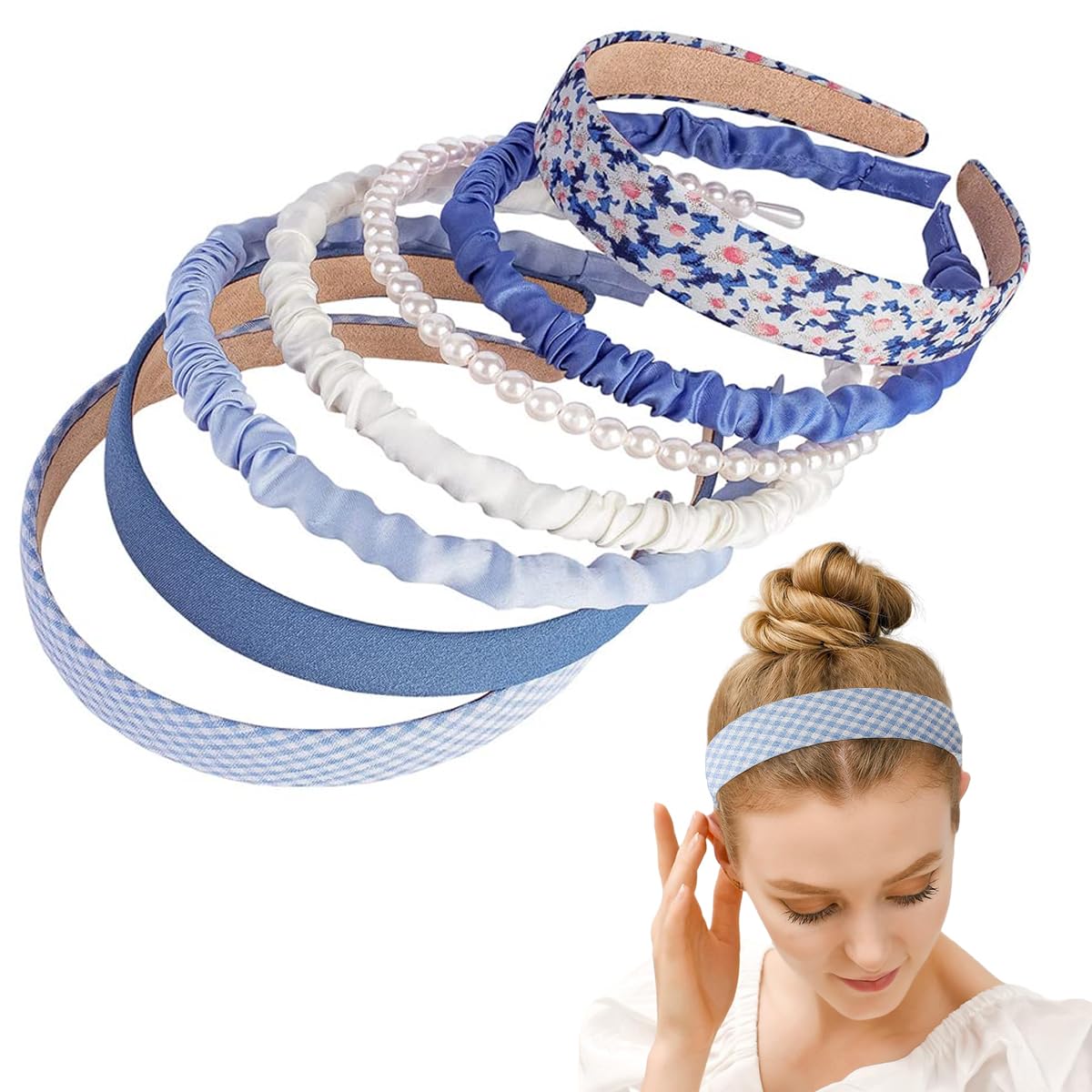 PALAY Headband Set for Women featuring 7pcs Blue Pearl and Flower Designs | Ideal Gift