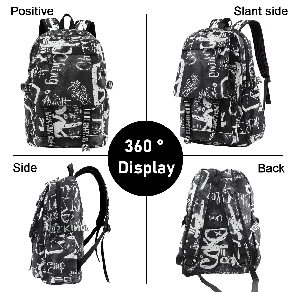 PALAY® Travel Backpack Casual Backpack Nylon Backpack School Students Backpack Lightweight Fashion Graffiti Print Black Backpack Outdoor Travel Backpack Laptop Backpack
