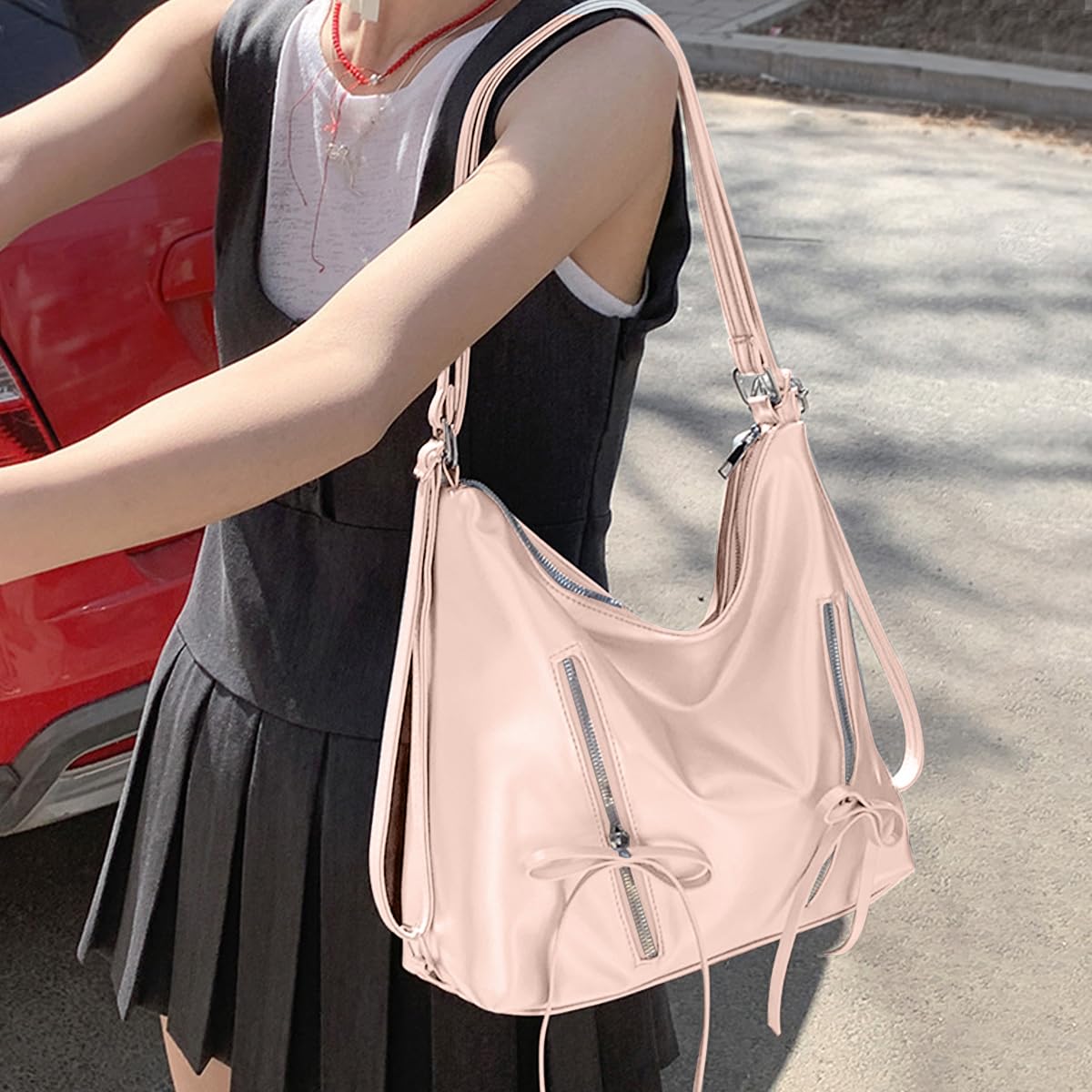PALAY Shoulder Bag for Women featuring Detachable Strap and 34x10x26cm Spacious Design | Pink PU Bow Tote