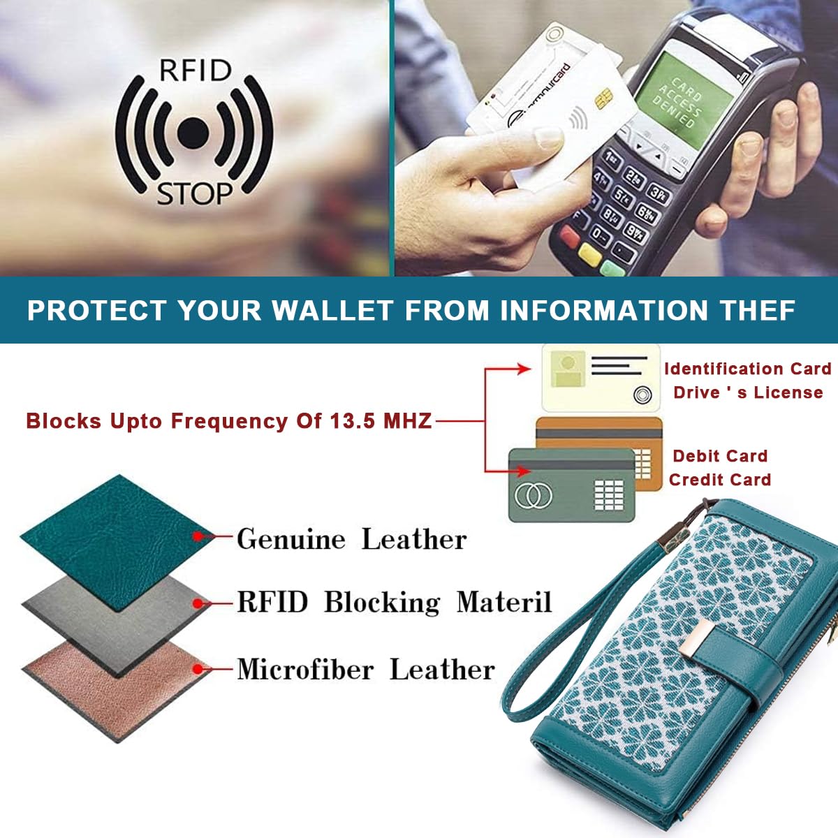 PALAY Wallet for Women with 20 Card Slots and Snap Buckle | Blue PU Leather Embroidered Purse