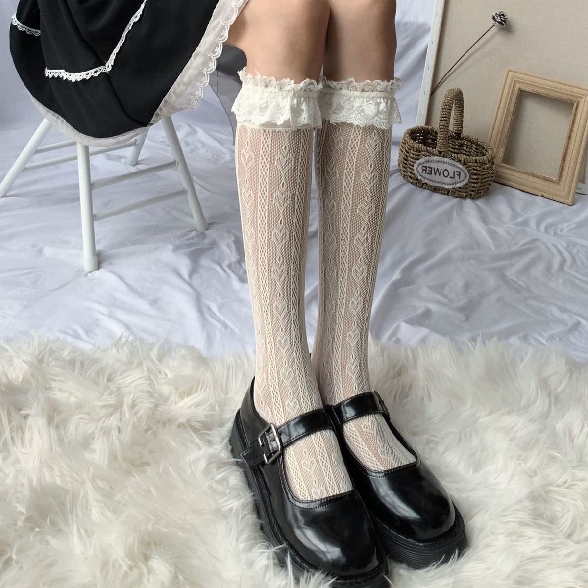 PALAY Lolita Lace Socks for Girls featuring Hollow Out Fishnet Design 22.44 in Length White