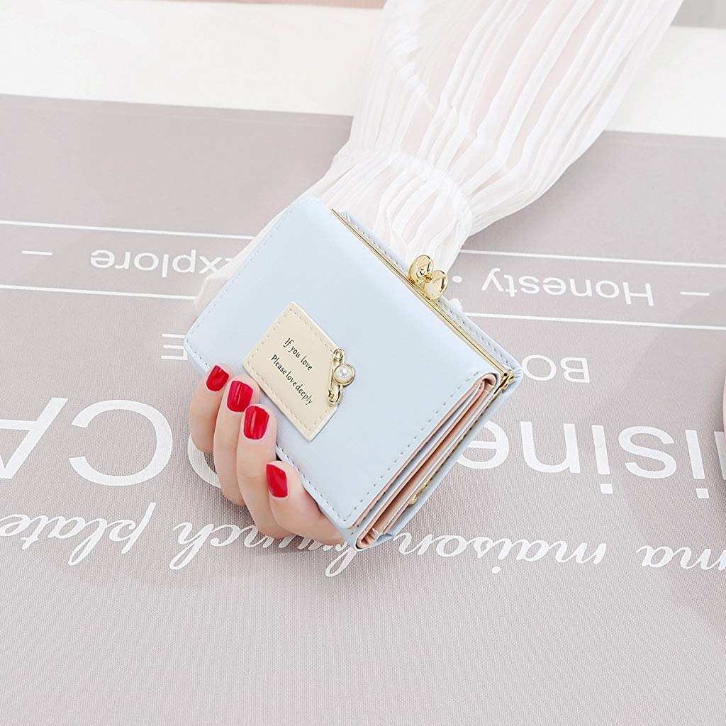 PALAY® Mini Wallet for Women PU Leather Small Card Holder Ladies Purse Hand Clutch Holder with Heart-Shaped Metal Buckle Mothers Day Gift for Mom(Blue)