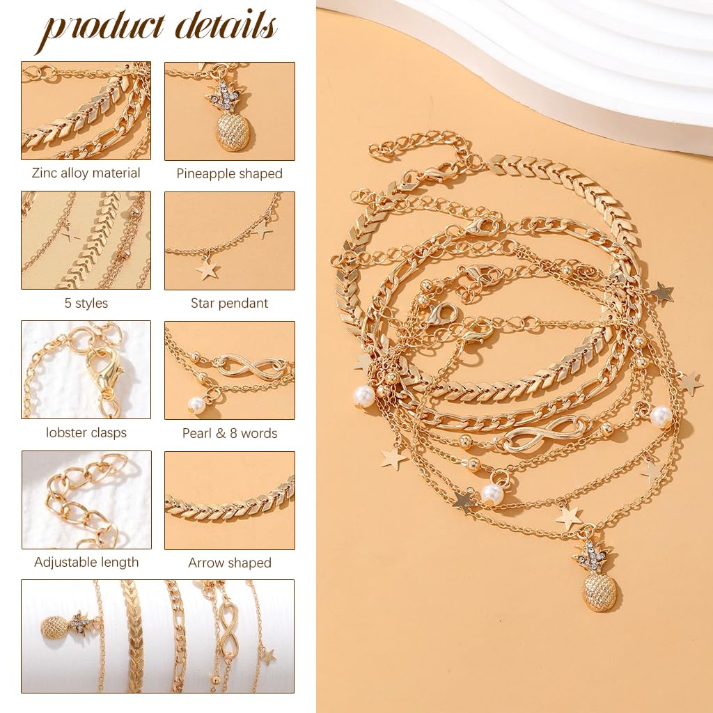 PALAY® Tobilleras bañadas en oro de 14 quilates para mujer, impermeables, pulseras de tobillo para mujer, pulseras de tobillo de eslabones cubanos de espiga para mujer, juego de tobilleras