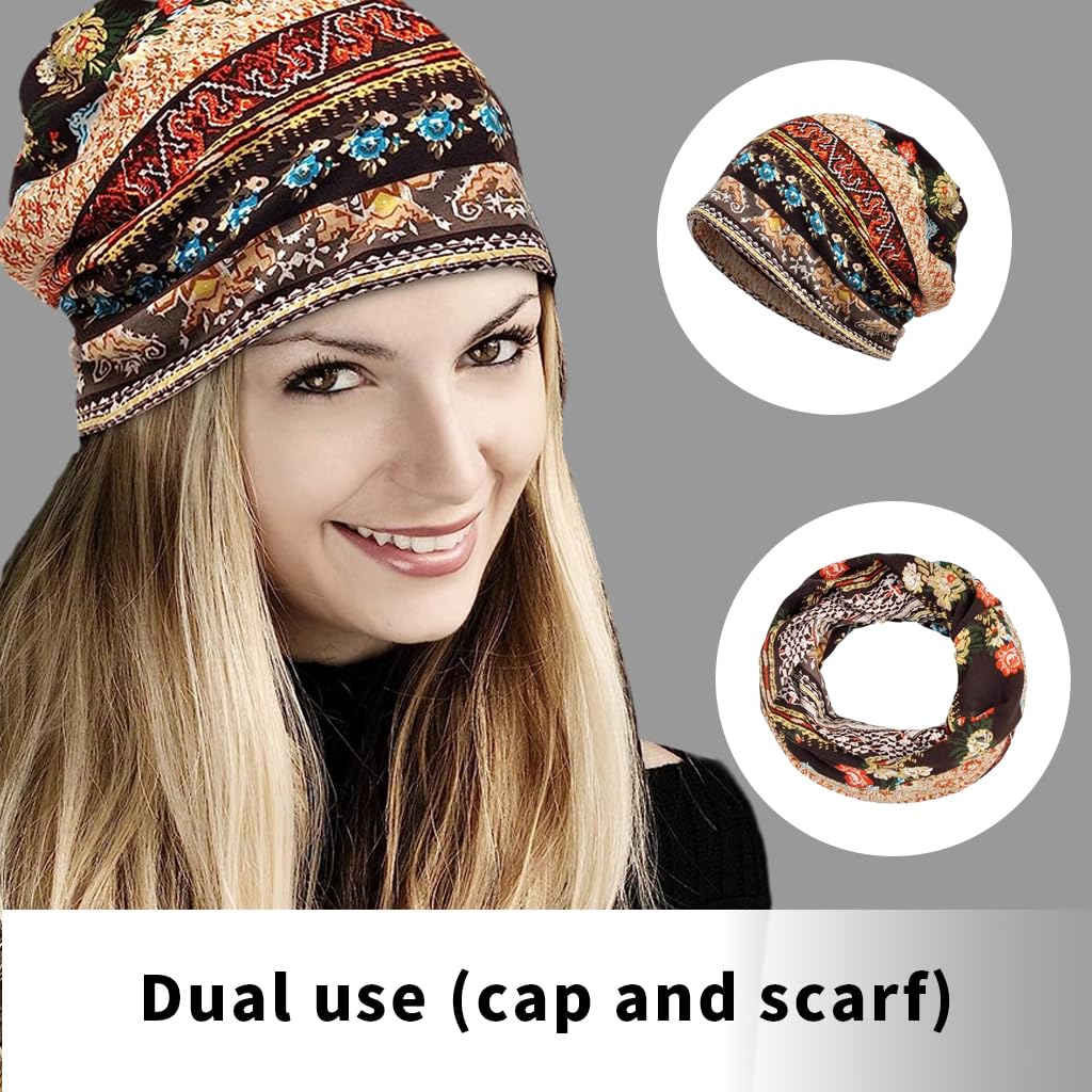 PALAY® Slouchy Chemo Cap Beanie Cap for Women, Boho Print Bandanas Skull Cap, Fashion Soft Stretch Chemo Scarf, Casual Saggy Head Scarves for Women - All Seasons Use