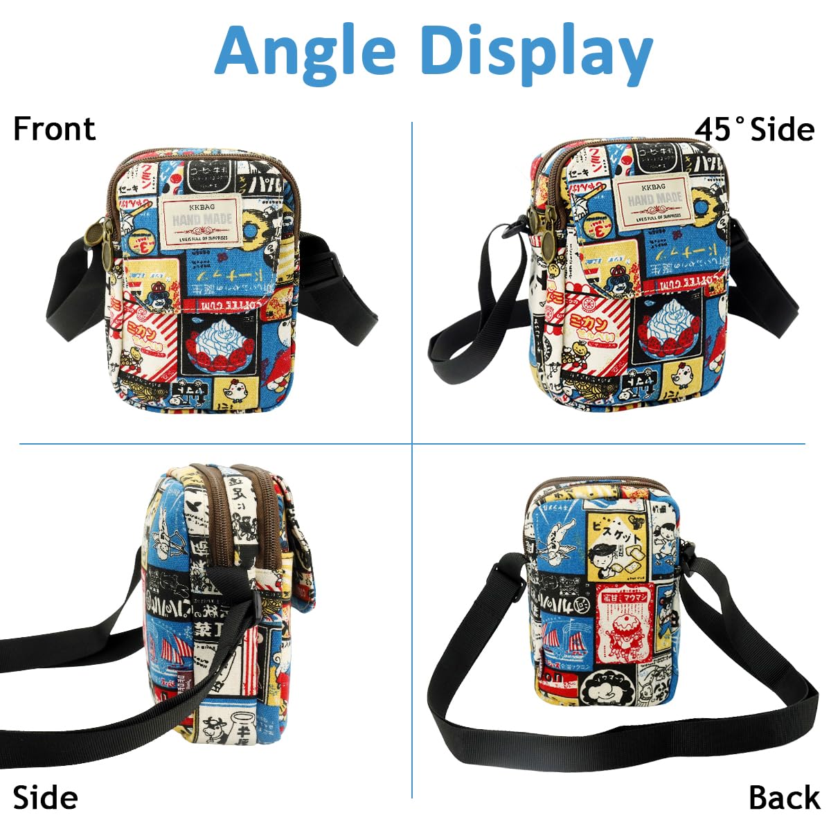 PALAY® Cute Canvas Phone Sling Bag Small Casual Utility Bag Cartoon Vintage Print Crossbody Bag Phone Bag Multi Pocket Purse Bag Mini Mobile Pouch