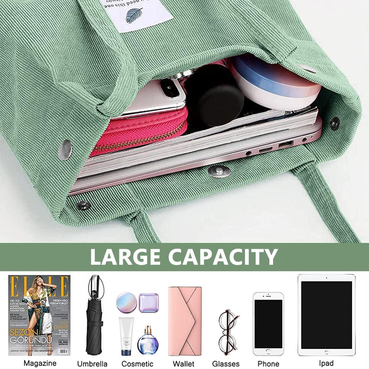 PALAY Tote Bags for Women with Reinforced Handles and L39xW12xH35cm Large Capacity | Green Corduroy Shoulder Bag for Work School and Travel