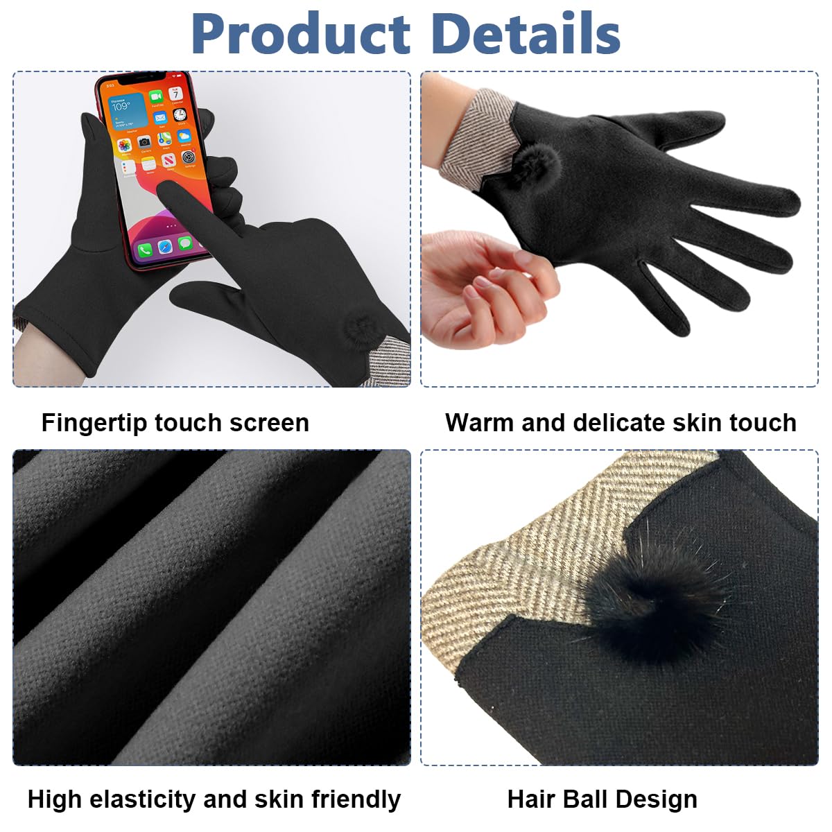 PALAY® Winter Gloves for Women Warm Fleece Gloves for Girls, Winter Warm Thermal Fleece Lined Cycling Gloves Winter Outdoor Warm Gloves (Black, L)