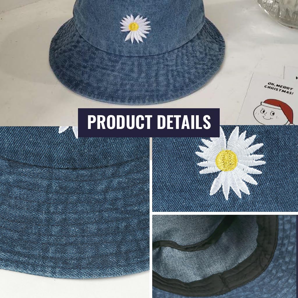 PALAY Women Bucket Hat for Outdoor Sun Protection featuring Embroidered Daisy Denim Design