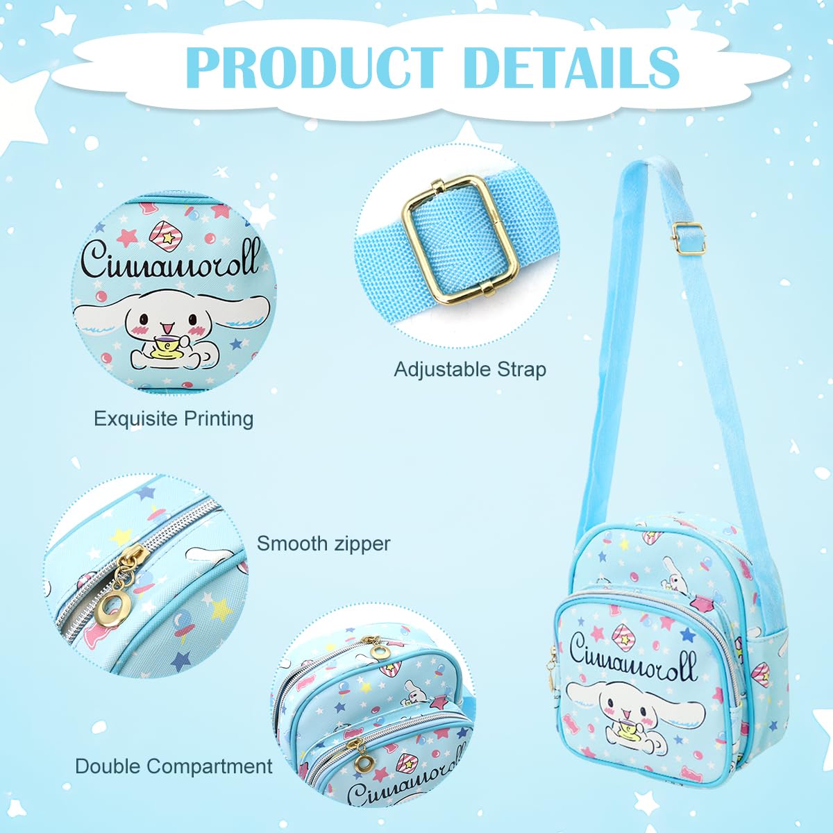 PALAY® Cinnamoroll Crossbody Bag for Girls Kawaii Cinnamoroll Shoulder Bag Small PU Sling Bag with Removable Shoulder Strap Crossbody Bag Christmas Gift for Girls Birdthday Gift, 18x10x20cm