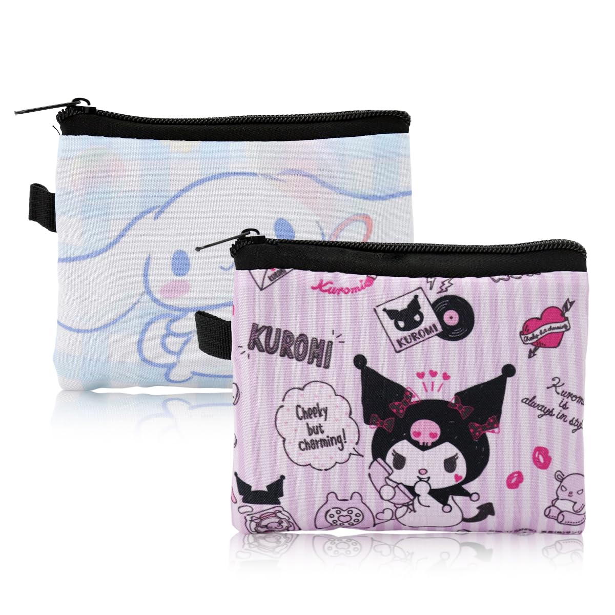 PALAY® 2Pcs Kawaii Coin Bags Kuromi Cinnamoroll Zipper Pouches with StrapLoop Sanrio Zipper Pouches Card Bags Coin Bags Fashion Cartoon Organizer Bags Earbud Bags Gift for Girls Friendship Gifts