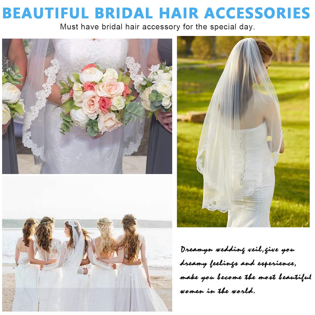 PALAY Bridal Veil for Wedding and Bachelorette Party with Lace Floral Edge 150cm Pure White Tulle